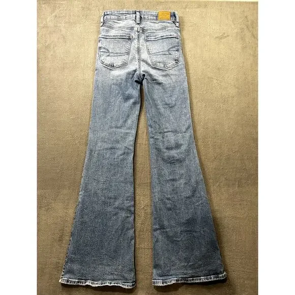 American Eagle Wide Flare Jeans Distressed Stretch Size 00 Women's High Rise - Picture 9 of 10